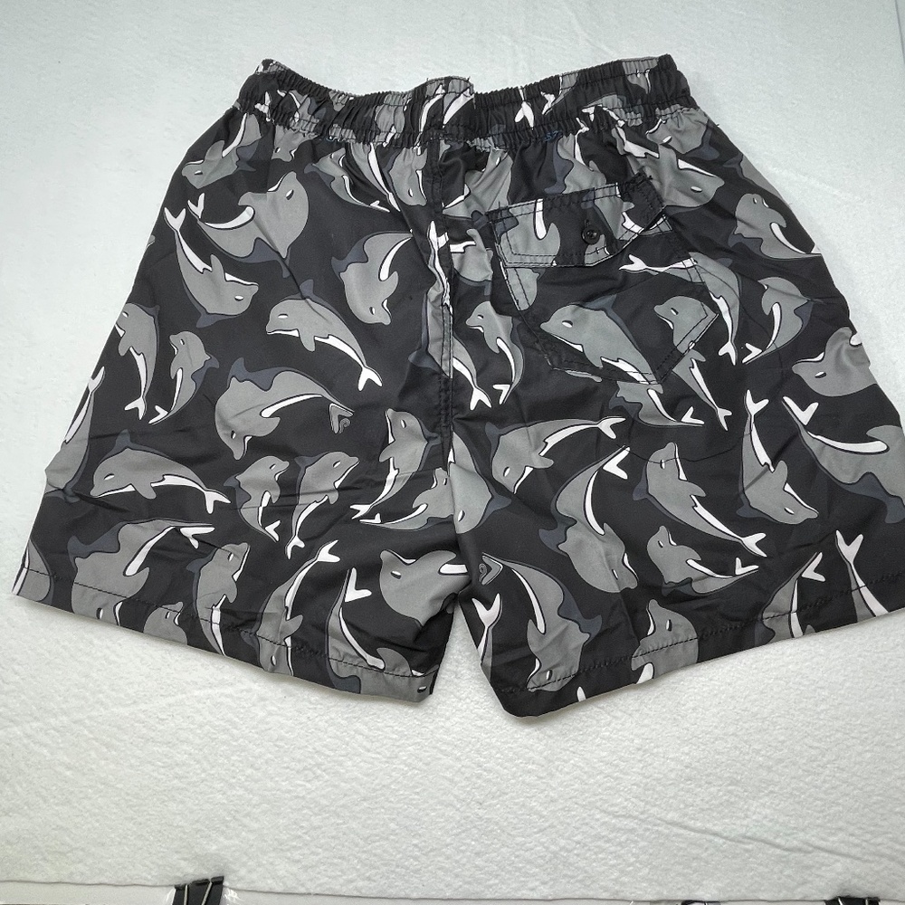 Men's Board Trunks, Swim Black, White & Grey Dolphins by Kanu Surf~Sz: M